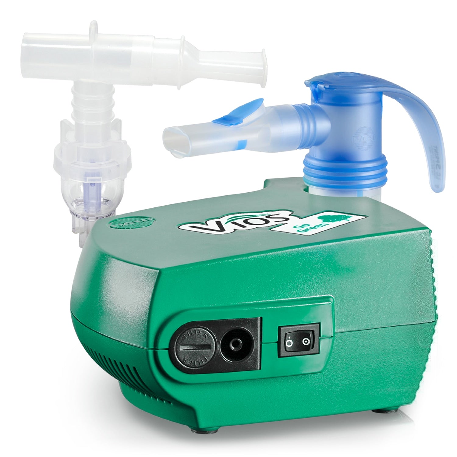 Green Vics inhaler device on a white background