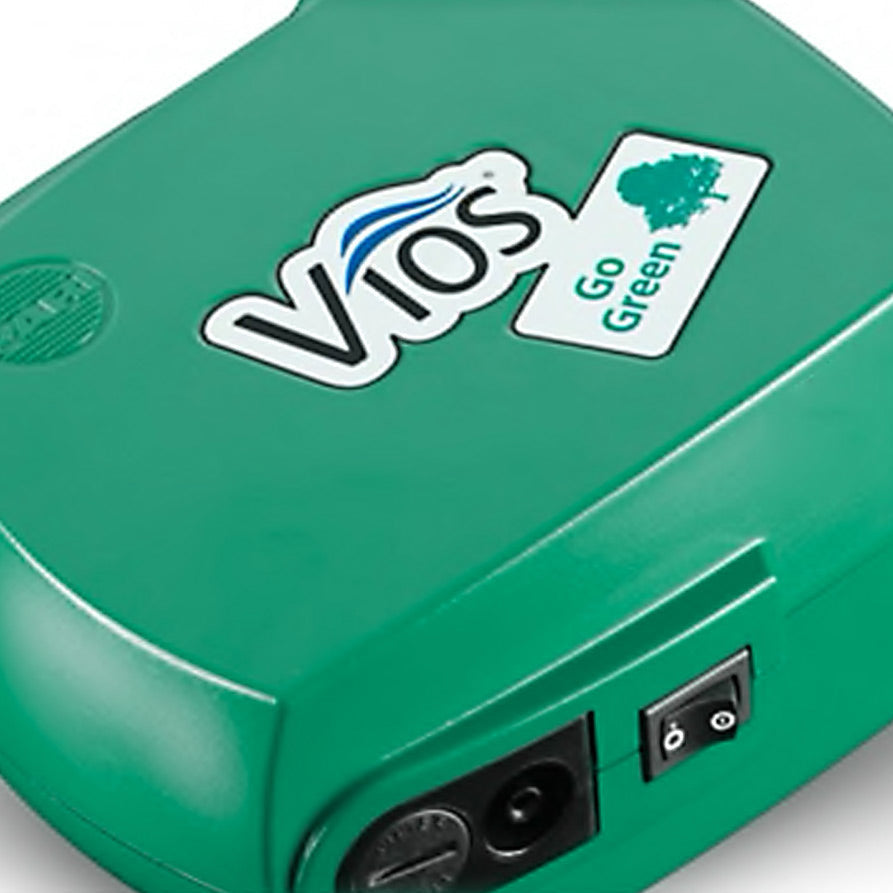 Green electronic device with 'VIOS' branding and 'Go Green' label on a white background