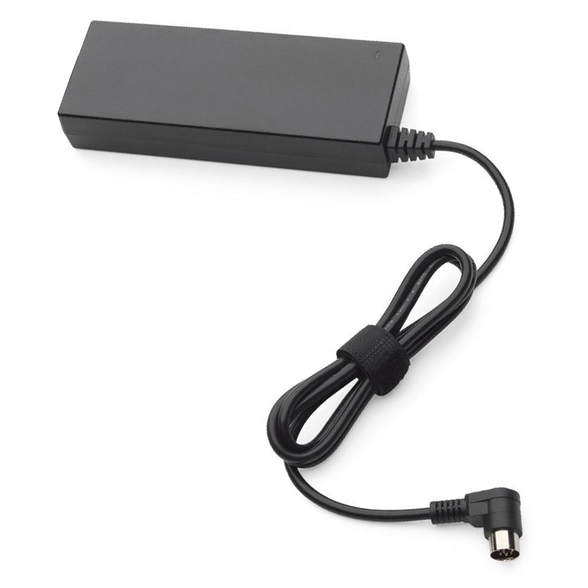 A black rectangular power adapter with a coiled black cable and a right-angle connector, shown on a plain white background.