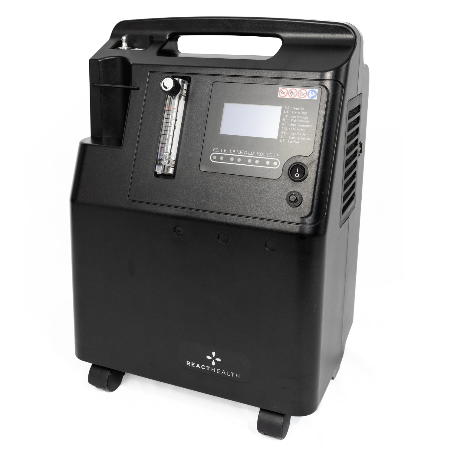 Black oxygen concentrator with digital display on a white background