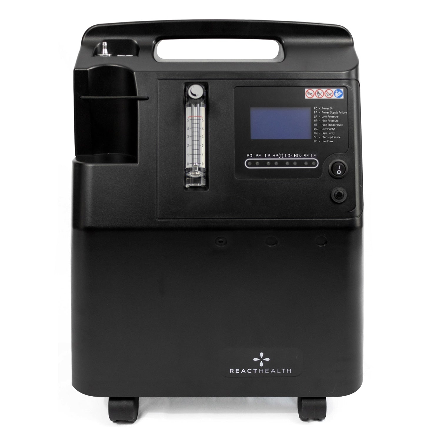 Black oxygen concentrator with digital display on a white background, featuring the ReactHealth brand.