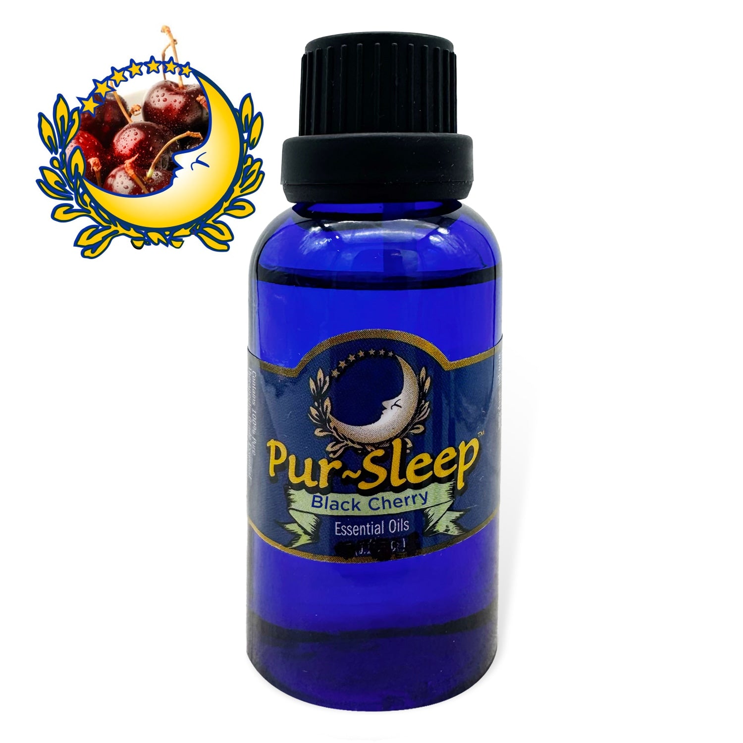 Blue bottle of Pur-Sleep Black Cherry essential oils with a decorative logo in the corner.
