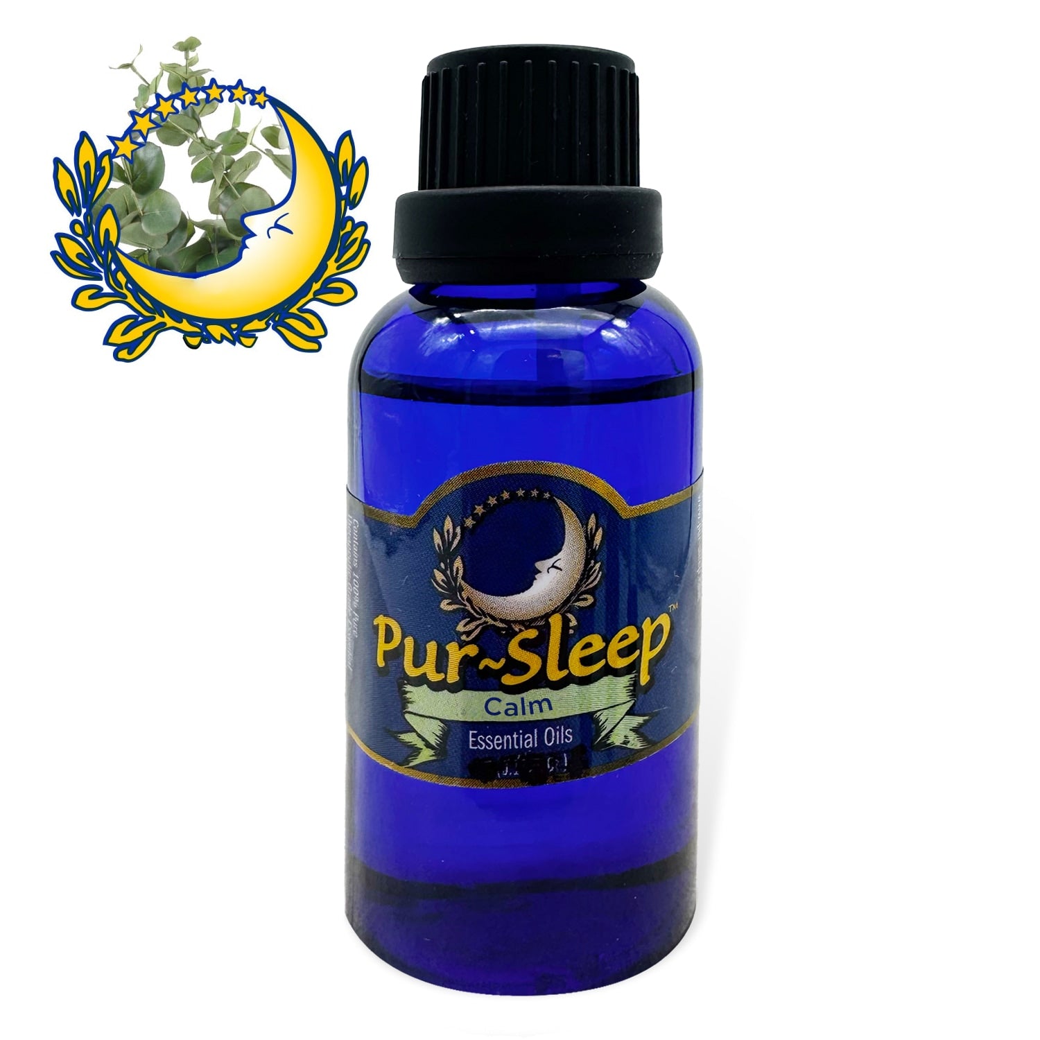 Blue bottle of Pur-Sleep Calm essential oils with a decorative logo on a white background