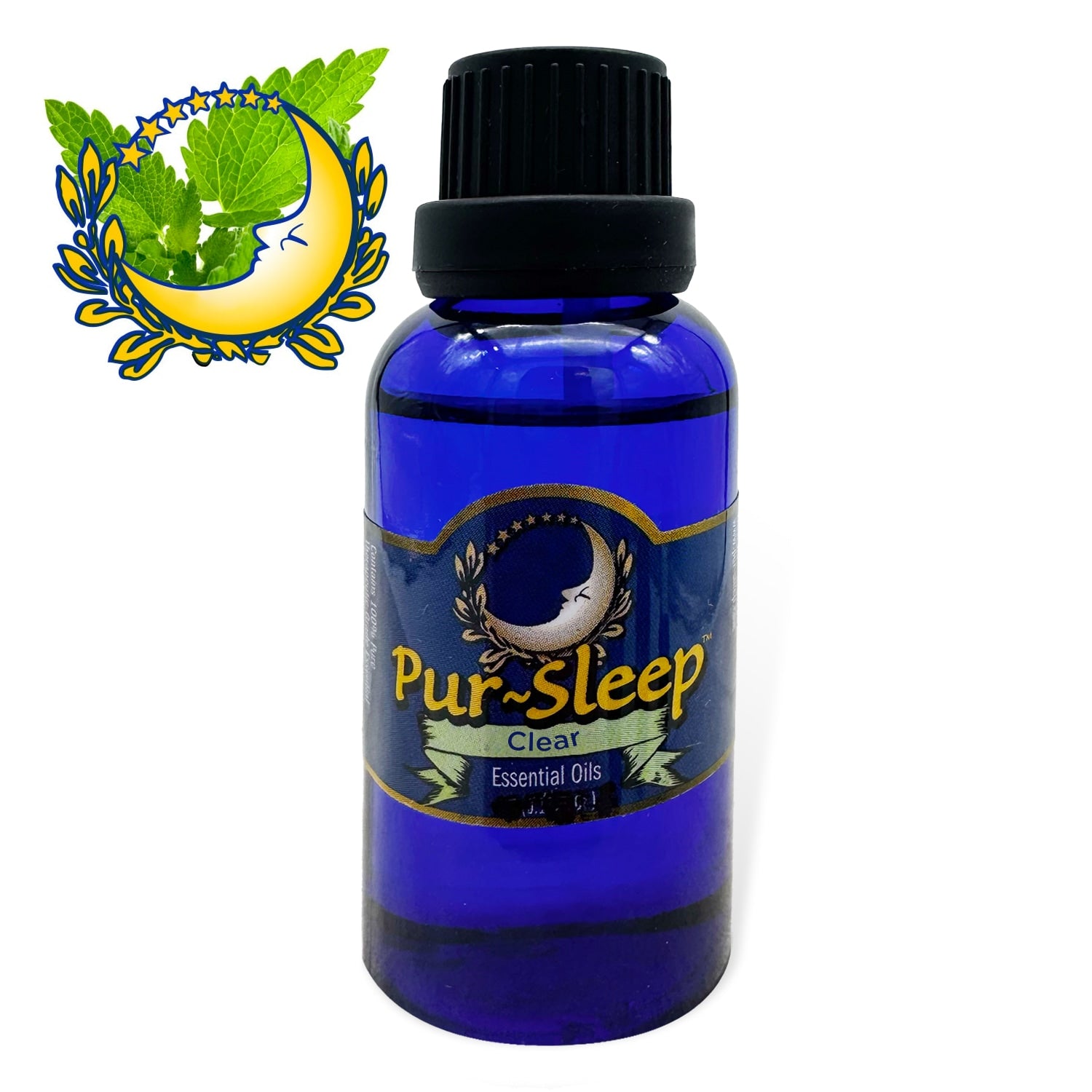 Blue bottle of Pur-Sleep Clear Essential Oils with a black cap on a white background.