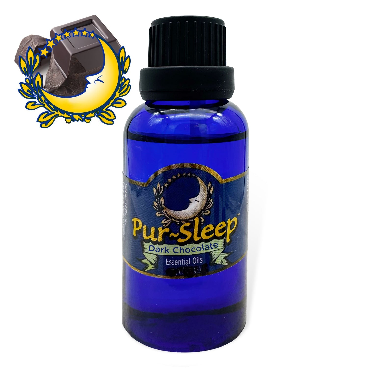 Blue bottle of Pur-Sleep Dark Chocolate Essential Oils with a black cap on a white background.