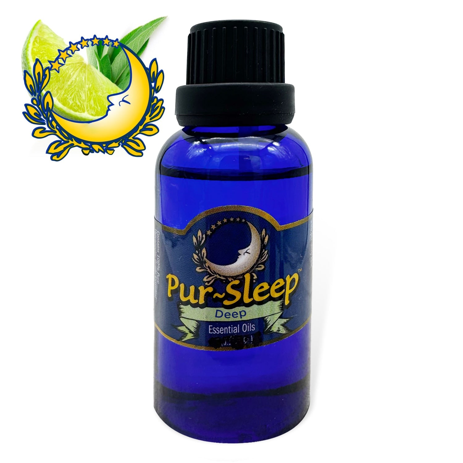 Blue bottle of Pur-Sleep Deep Essential Oils with a black cap on a white background.