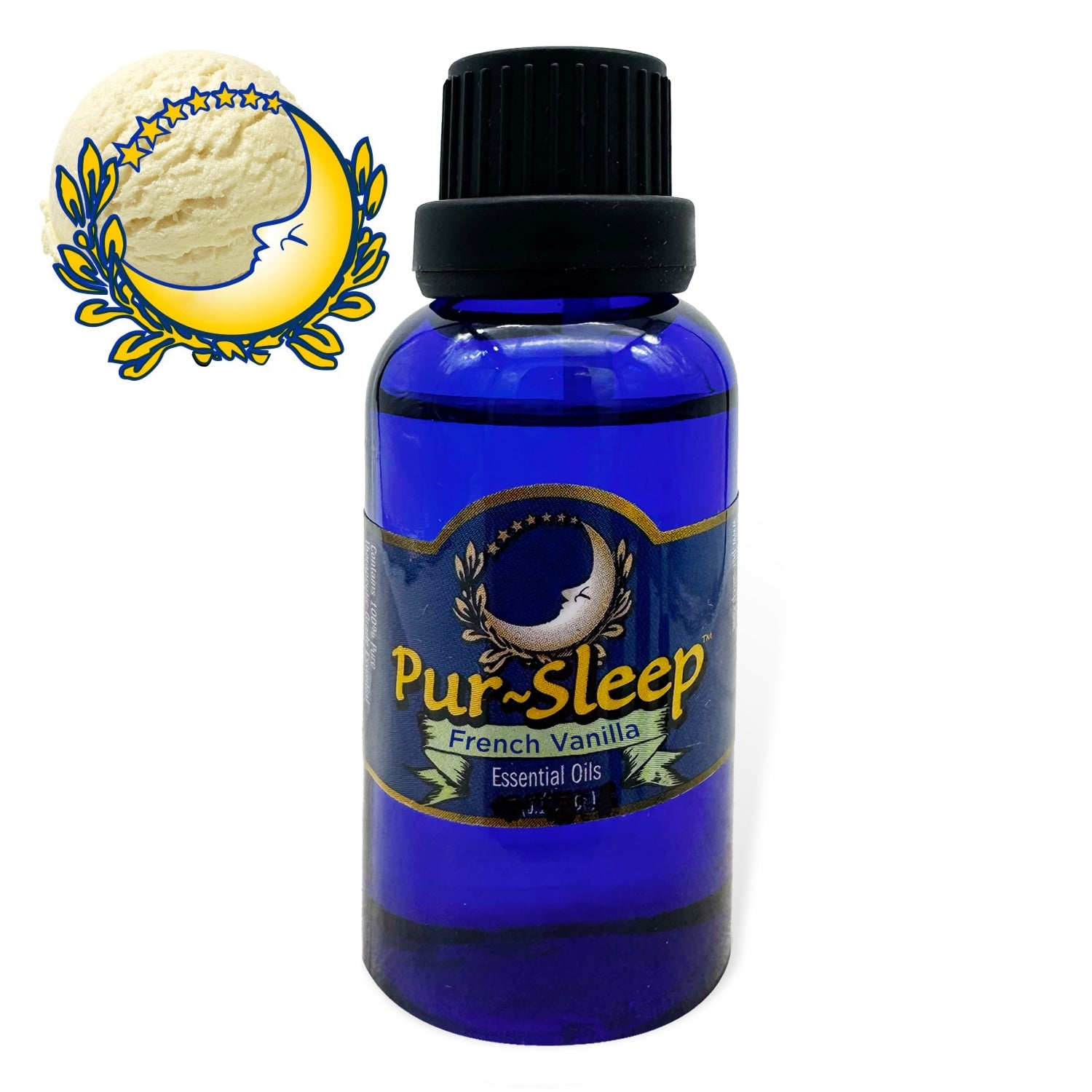 Blue bottle of Pur-Sleep French Vanilla essential oils with a decorative logo on a white background