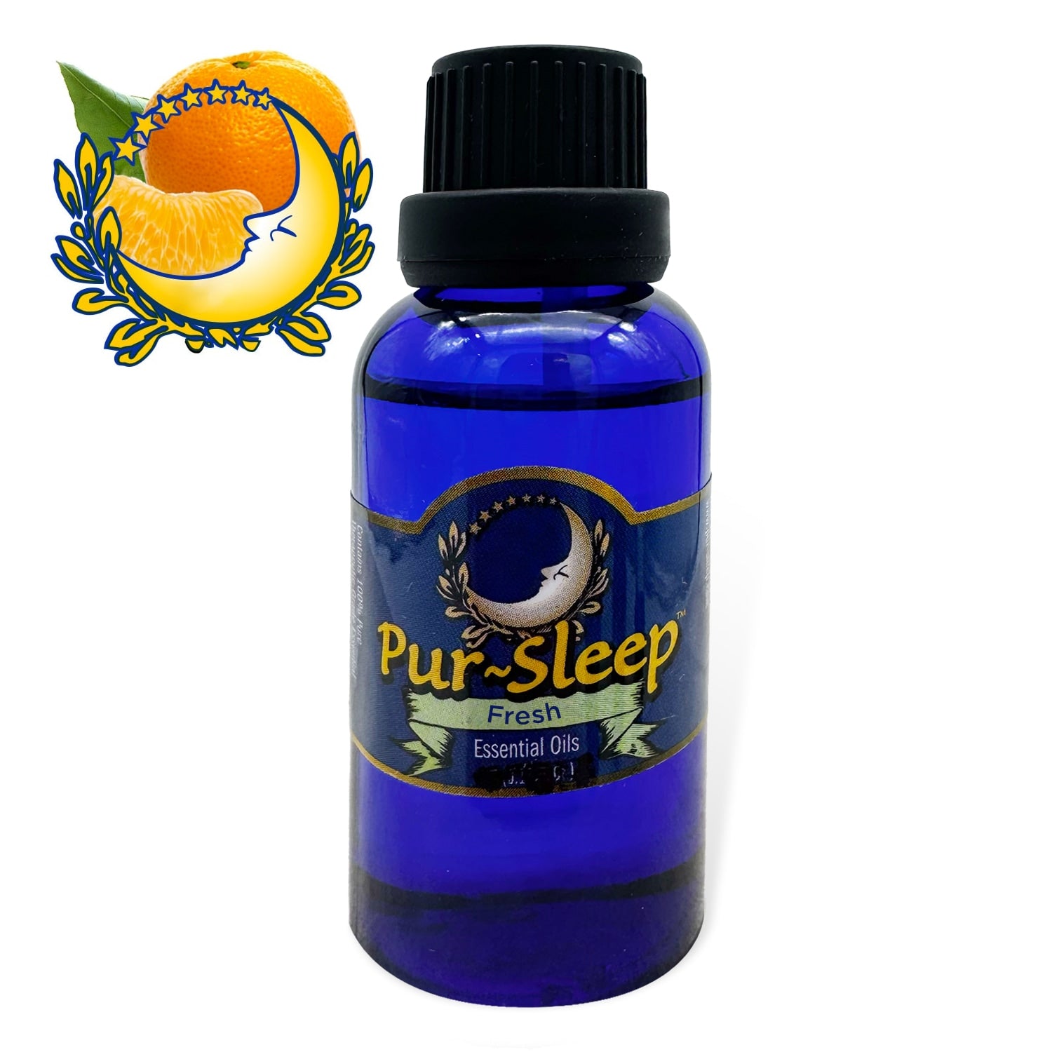 Blue bottle of Pur-Sleep Fresh essential oils with a black cap on a white background.
