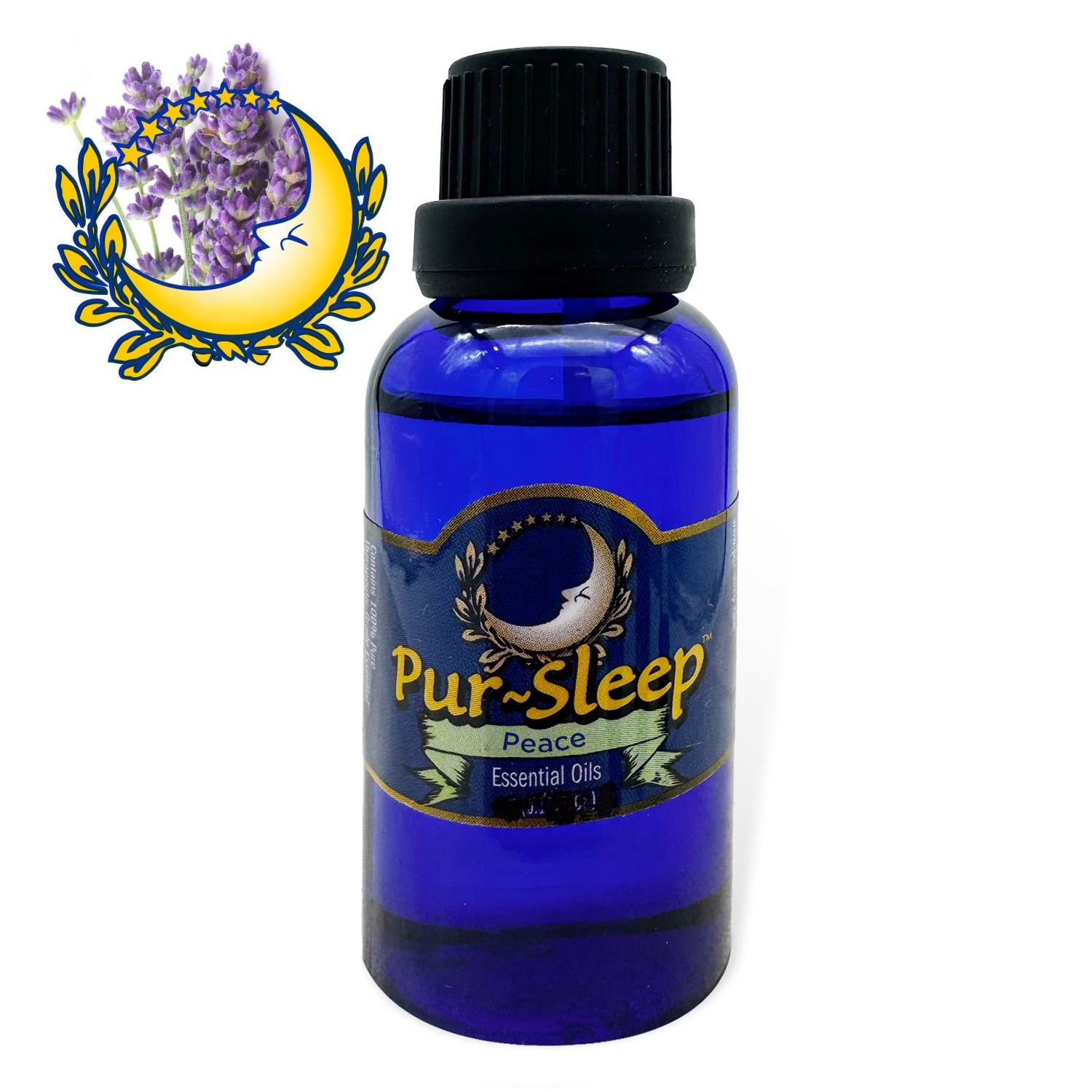 Blue bottle of Pur-Sleep Peace Essential Oils with lavender and moon design on a white background