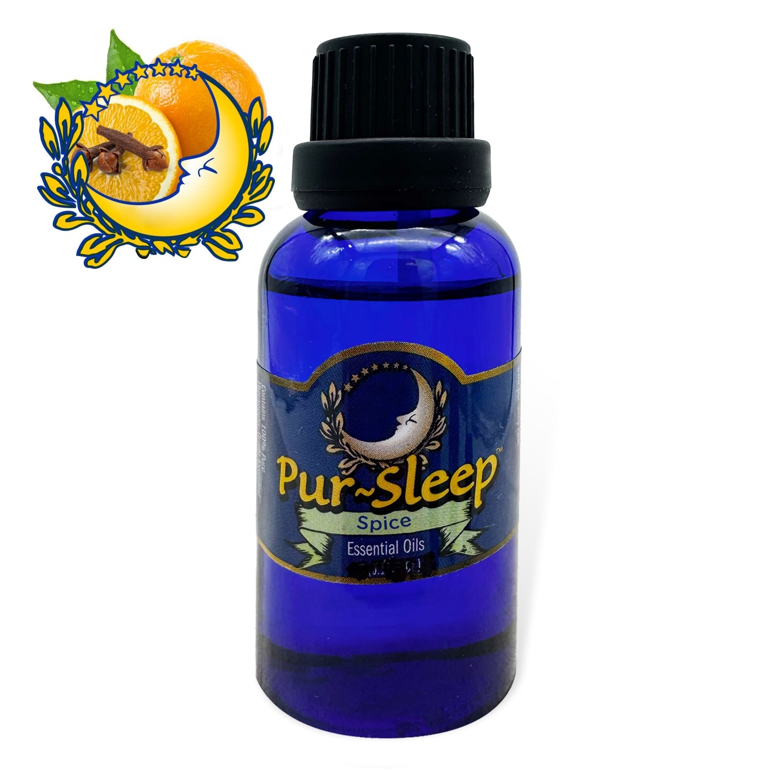Blue bottle of Pur-Sleep Spice essential oils with a decorative label on a white background