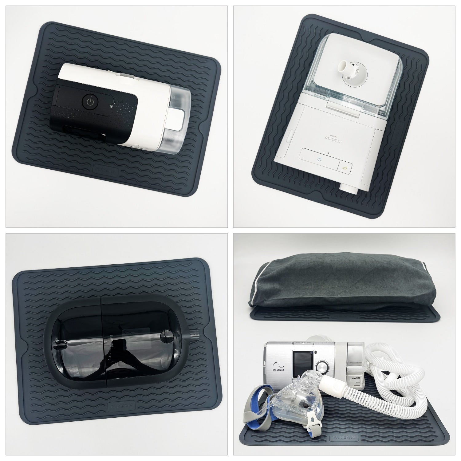 Several CPAP machines shown on the Purdoux CPAP Mat from different angles