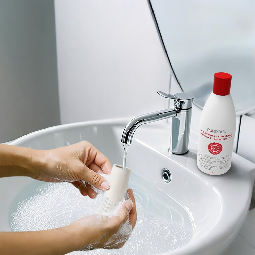 Purdoux CPAP Mask Soap and Tube Brush with ResMed Machine in Background