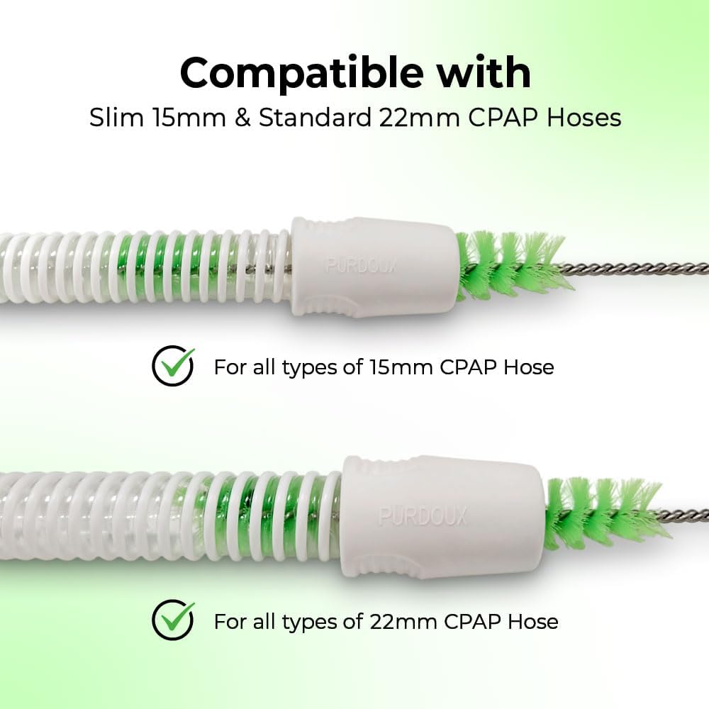 CPAP hose cleaning brush with text indicating compatibility with various CPAP hose types on a light green background.