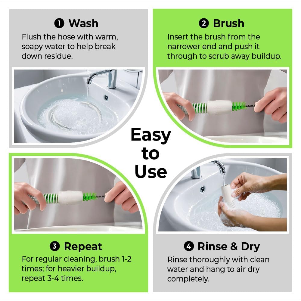 Step-by-step guide on cleaning a hose with text and images of washing, brushing, and rinsing.