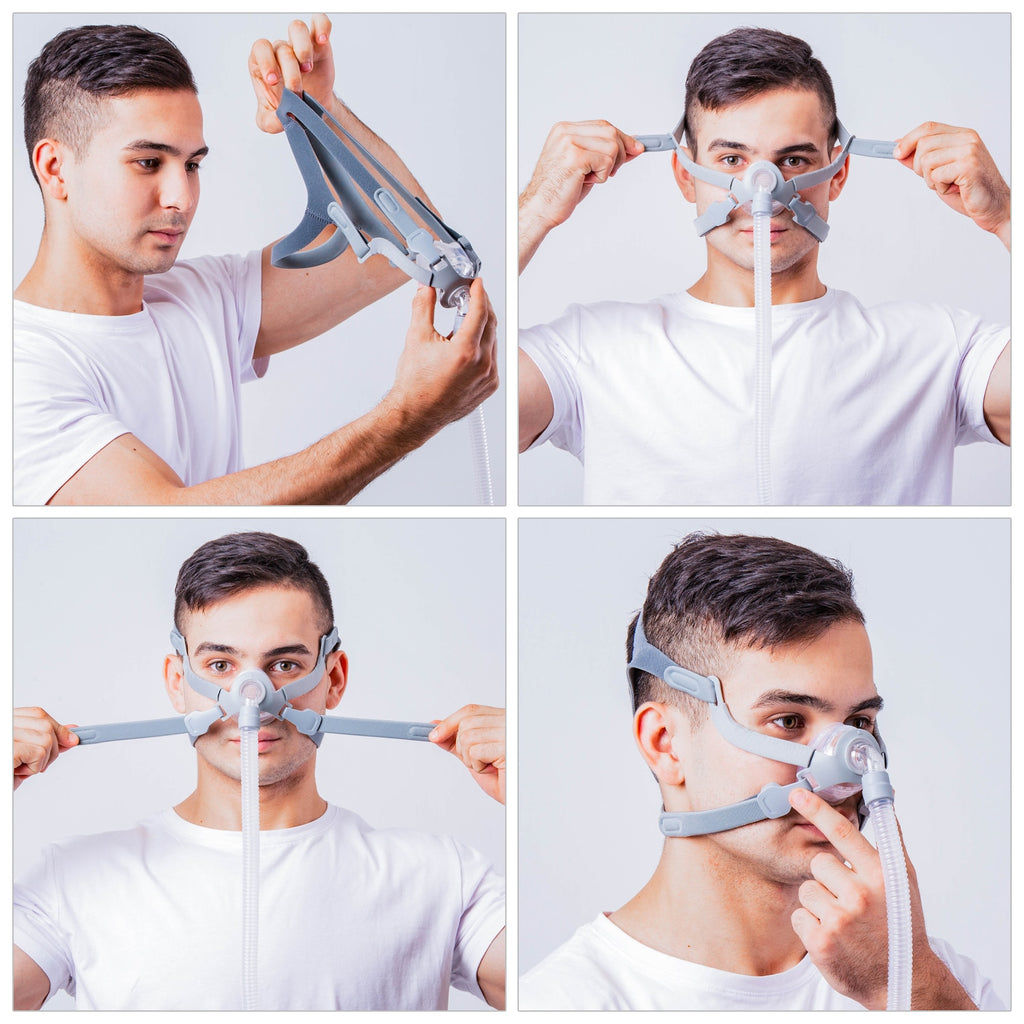 Step-by-step guide on how to use a CPAP mask with a person wearing a white shirt.