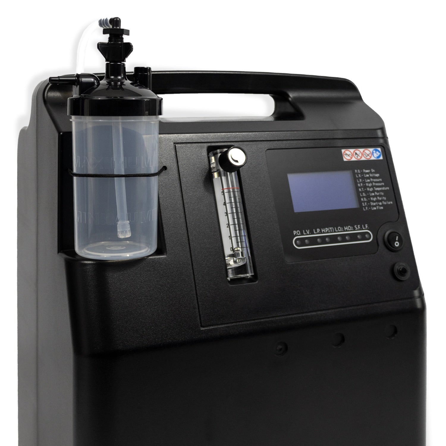 Black medical device with a digital display and control panel on a white background