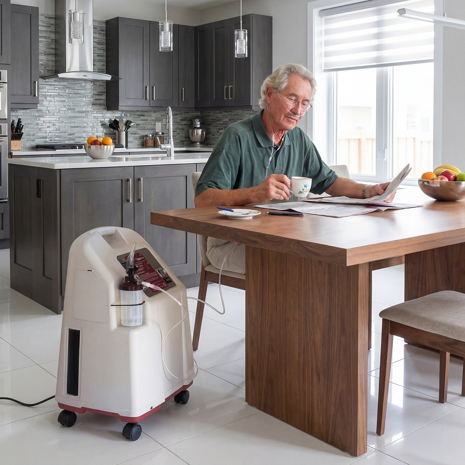Man sitting at a kitchen table with a portable oxygen concentrator nearby