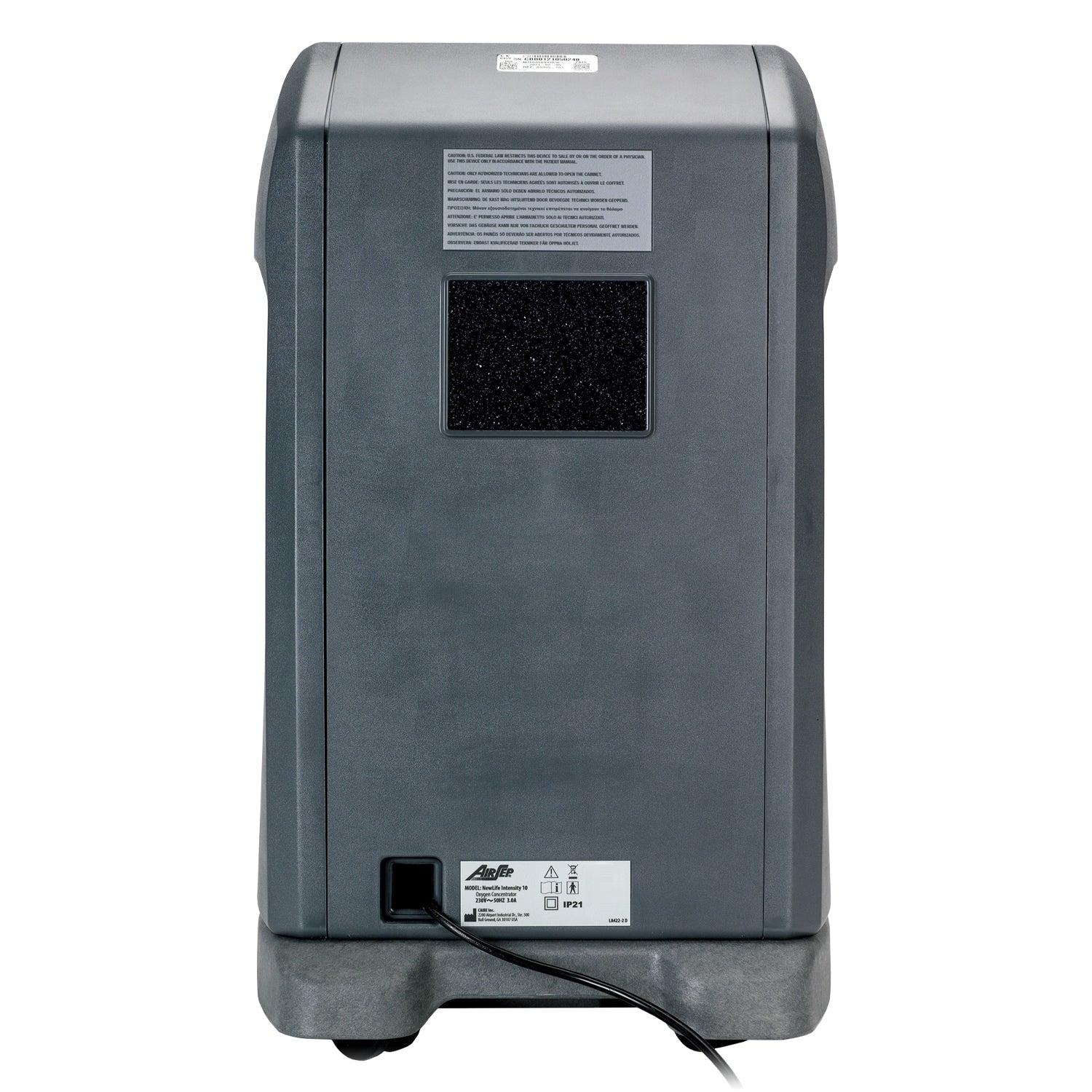 Gray electronic device with a power cord on a white background