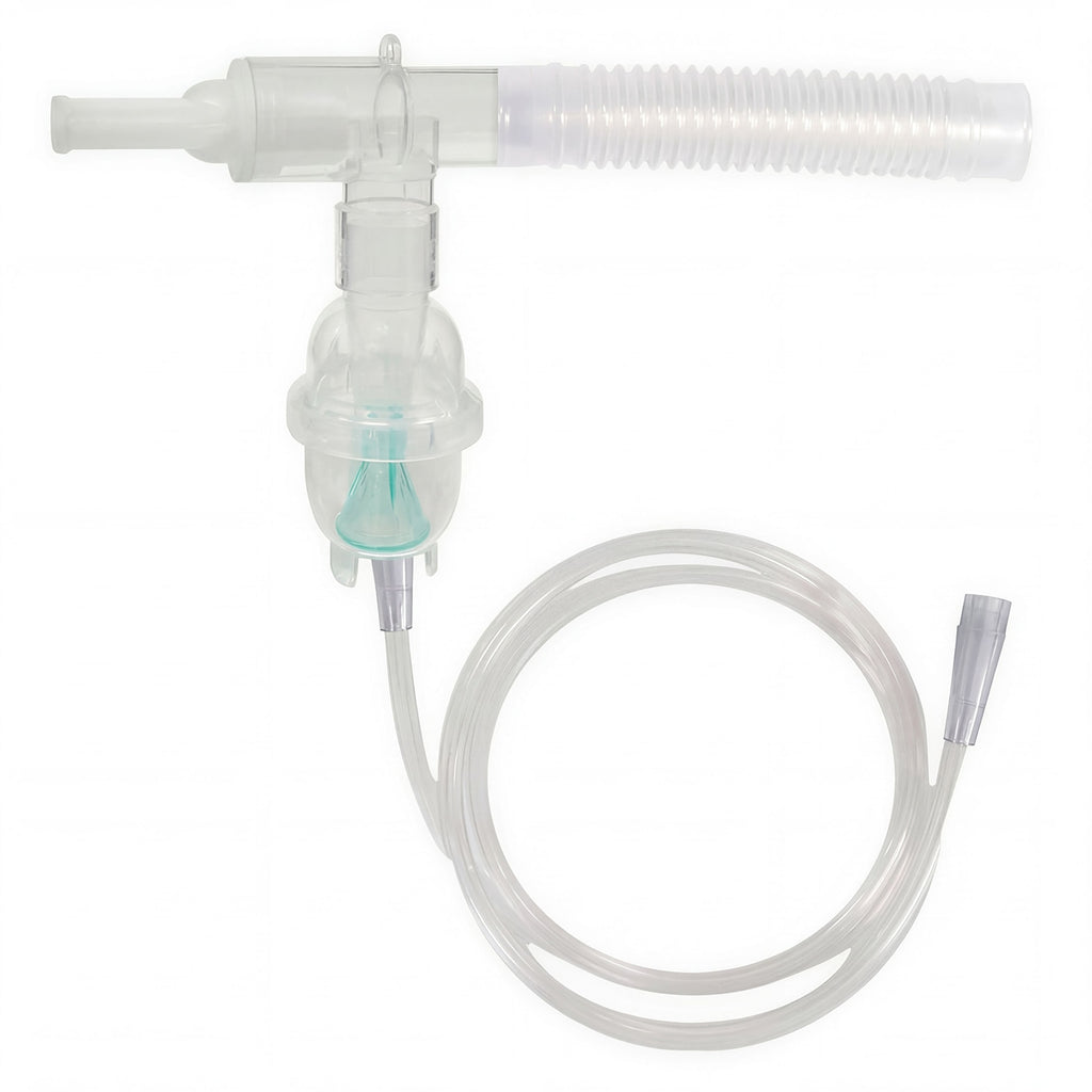 A Sunset disposable nebulizer kit with a T-piece and 7 foot tubing, primarily in white and green color.