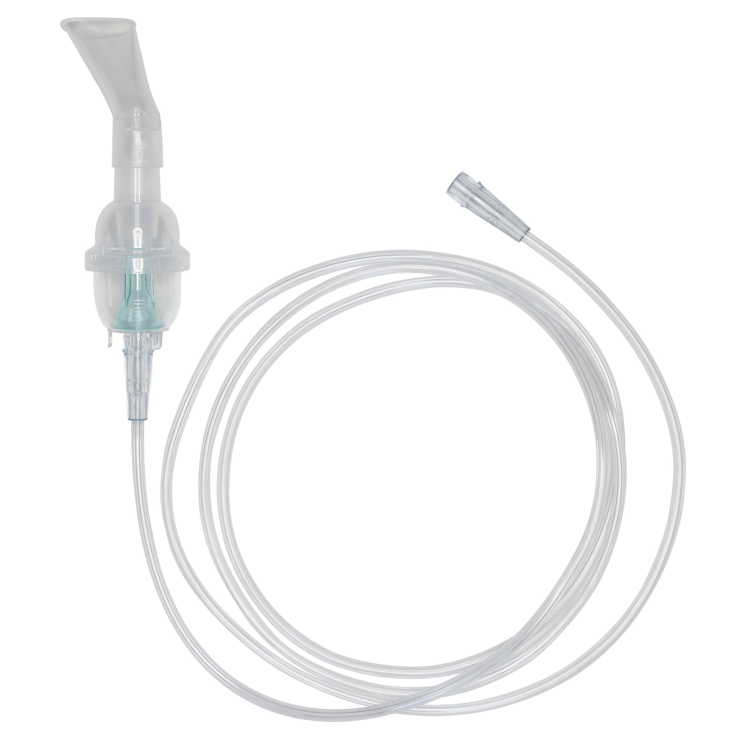 A disposable nebulizer kit with an angled mouthpiece and a 7 foot tube, primarily clear in color.