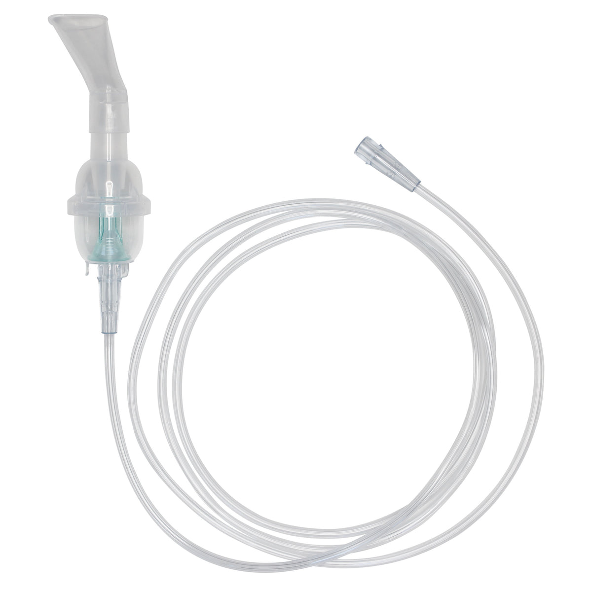 A disposable nebulizer kit with an angled mouthpiece and a 7 foot tube, primarily clear in color.