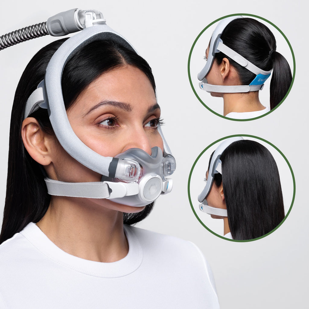Woman wearing a CPAP mask with close-up insets on a light gray background