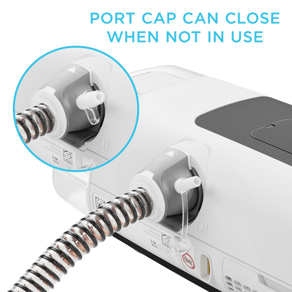 Close-up ClimateLineAir Tubing and port cap feature, on a white background.