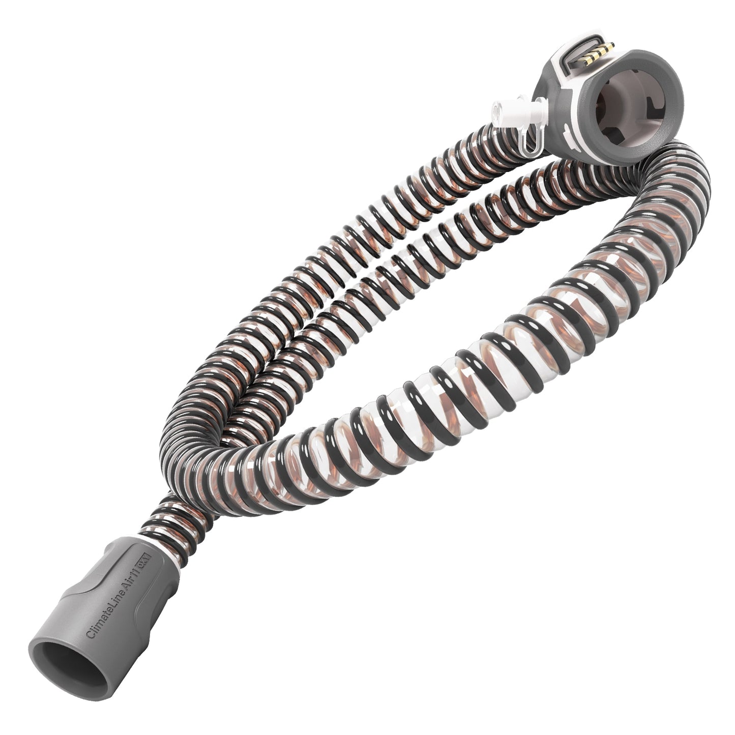 Coiled hose with gray connectors on a white background