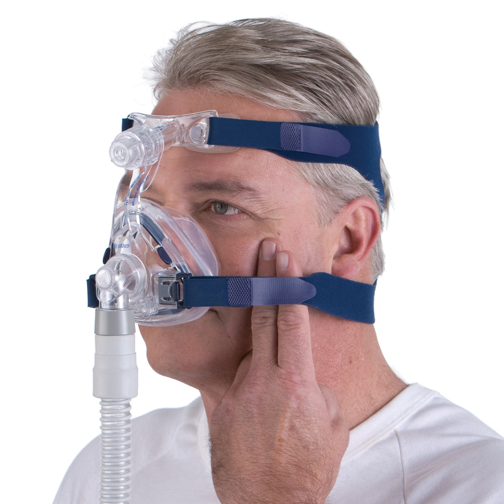 Man wearing a CPAP mask with a white background