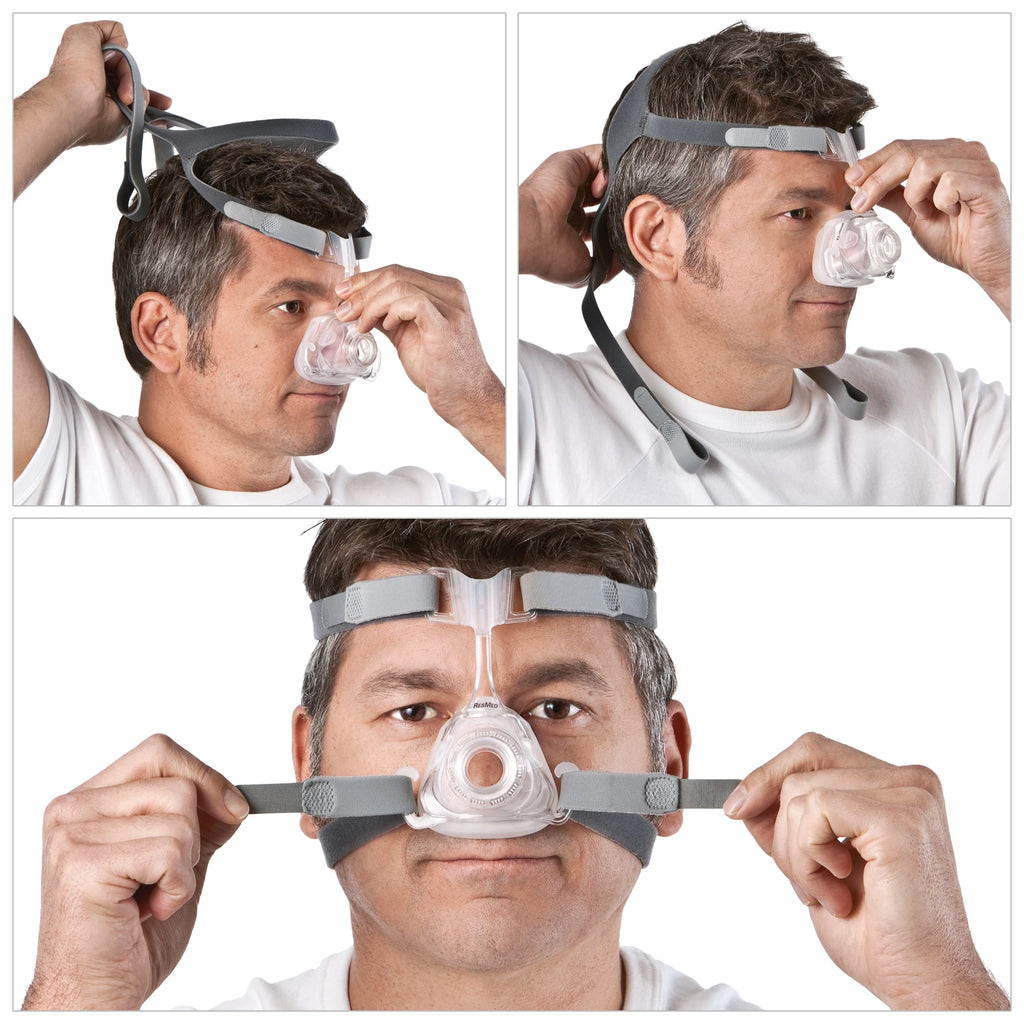 Man adjusting a CPAP mask on his face with close-up shots of the mask.