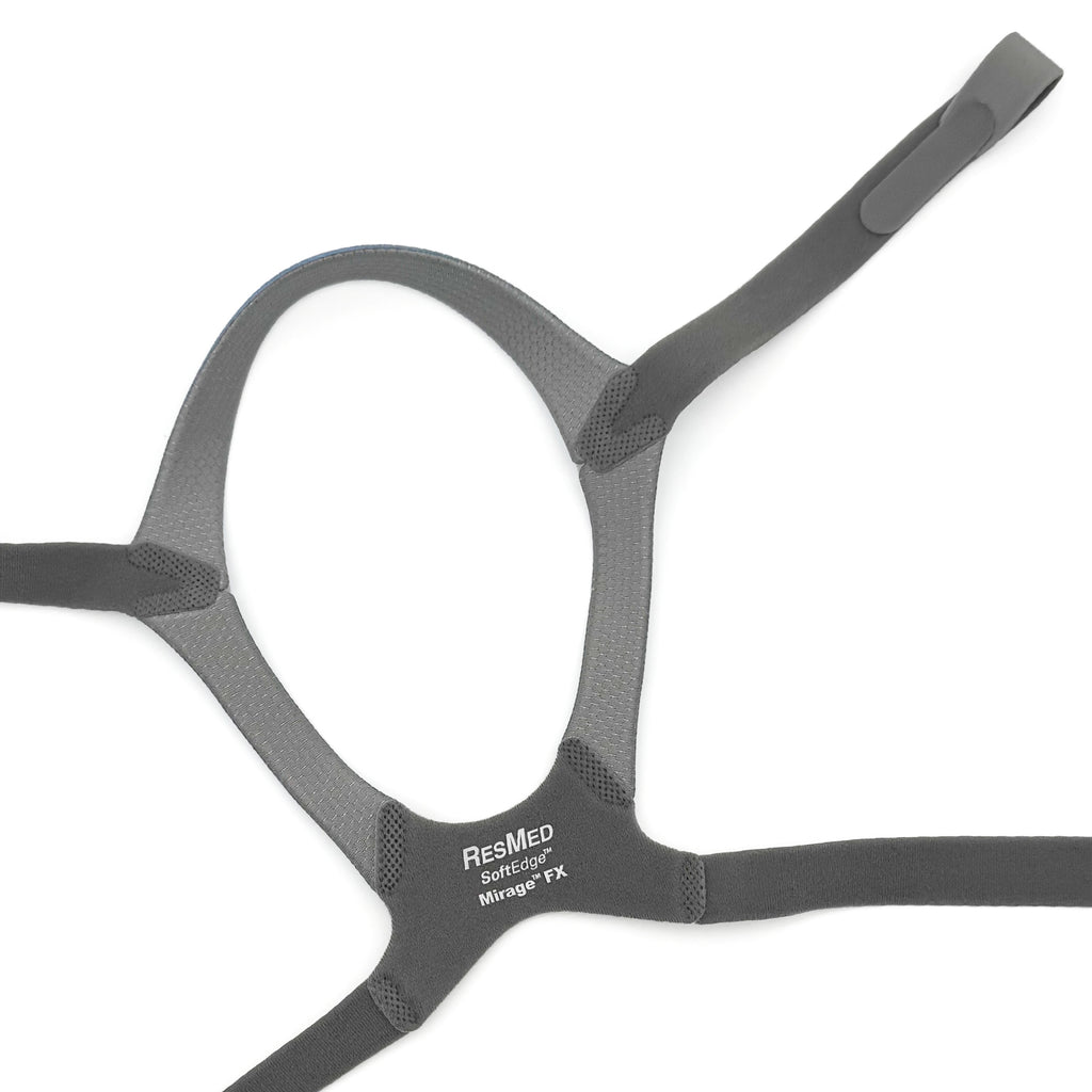 Gray headgear with 'ResMed' branding on a white background