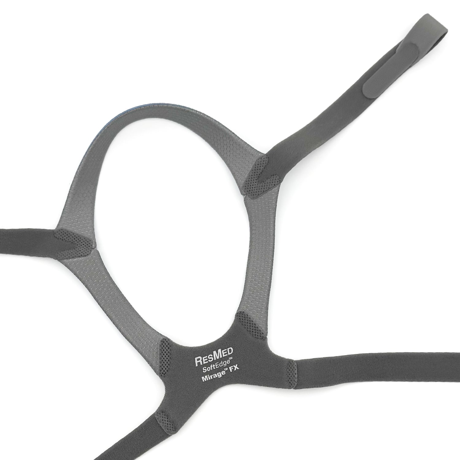 Gray headgear with 'ResMed' branding on a white background
