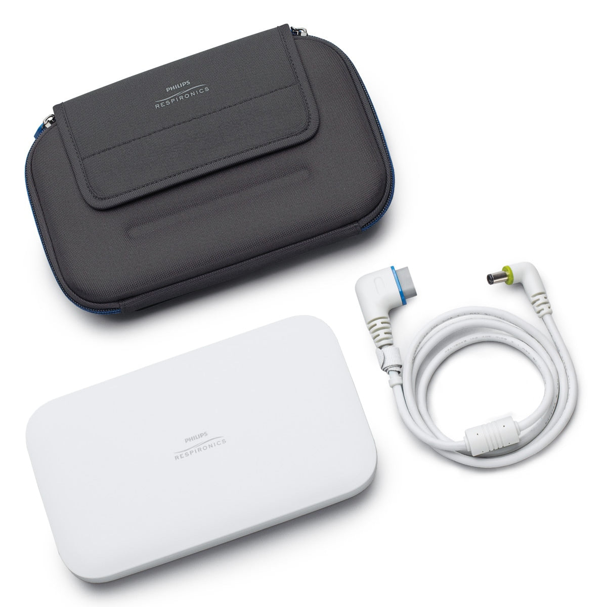 Respironics Battery Kit with carrying case and cable on a white background