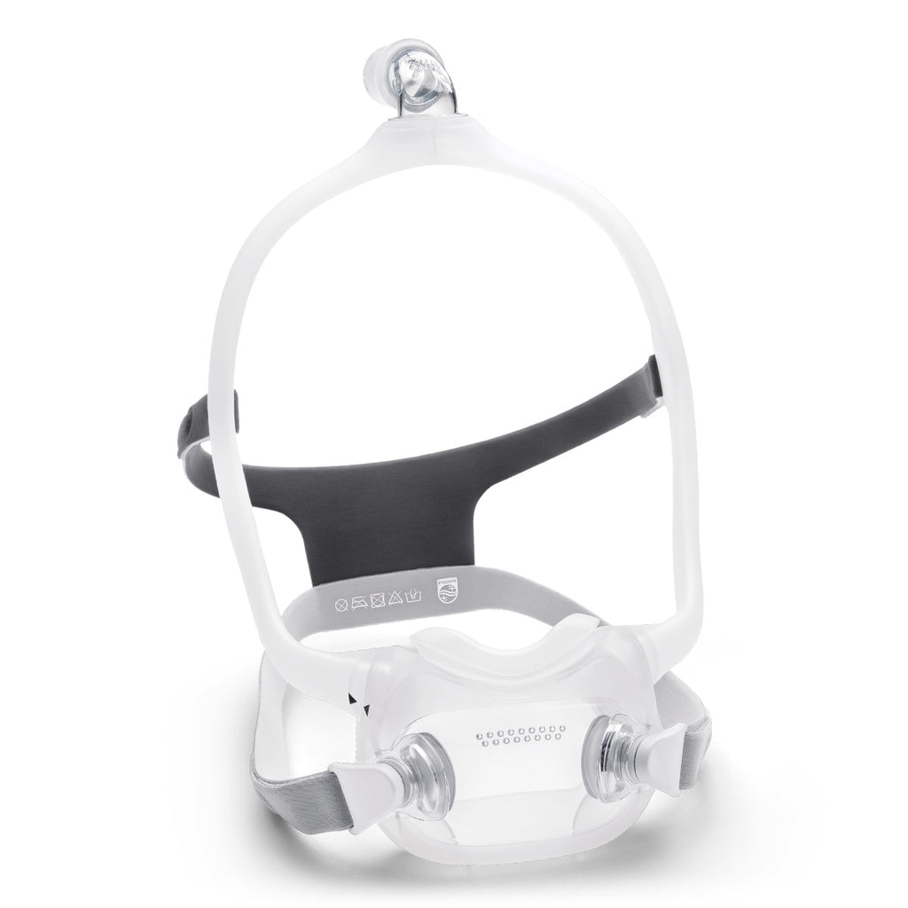 A set of three DreamWear Full Face CPAP/BiPAP Masks with headgear, predominantly white in color with transparent cushion areas and black straps.