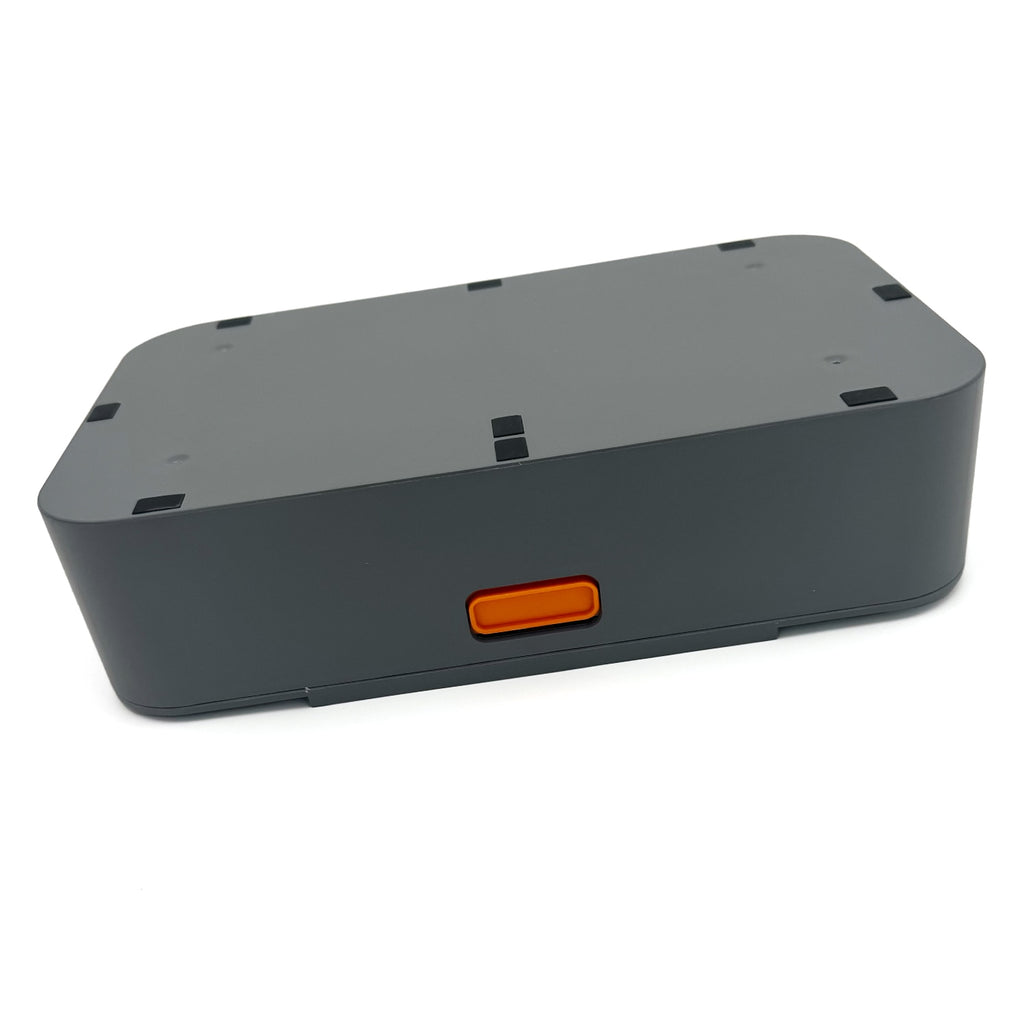 Gray rectangular battery pack on a white background