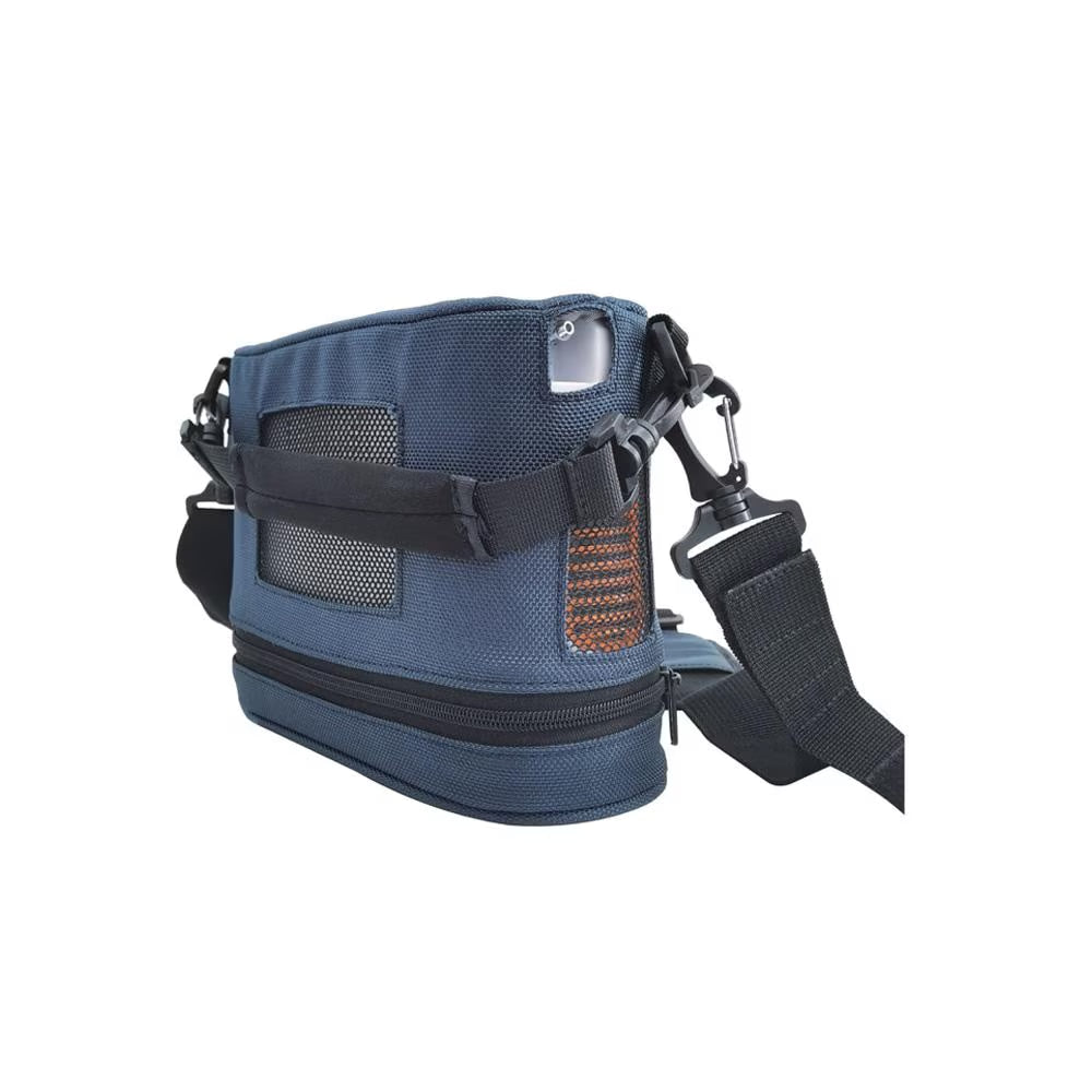 Blue bag with black straps on a white background