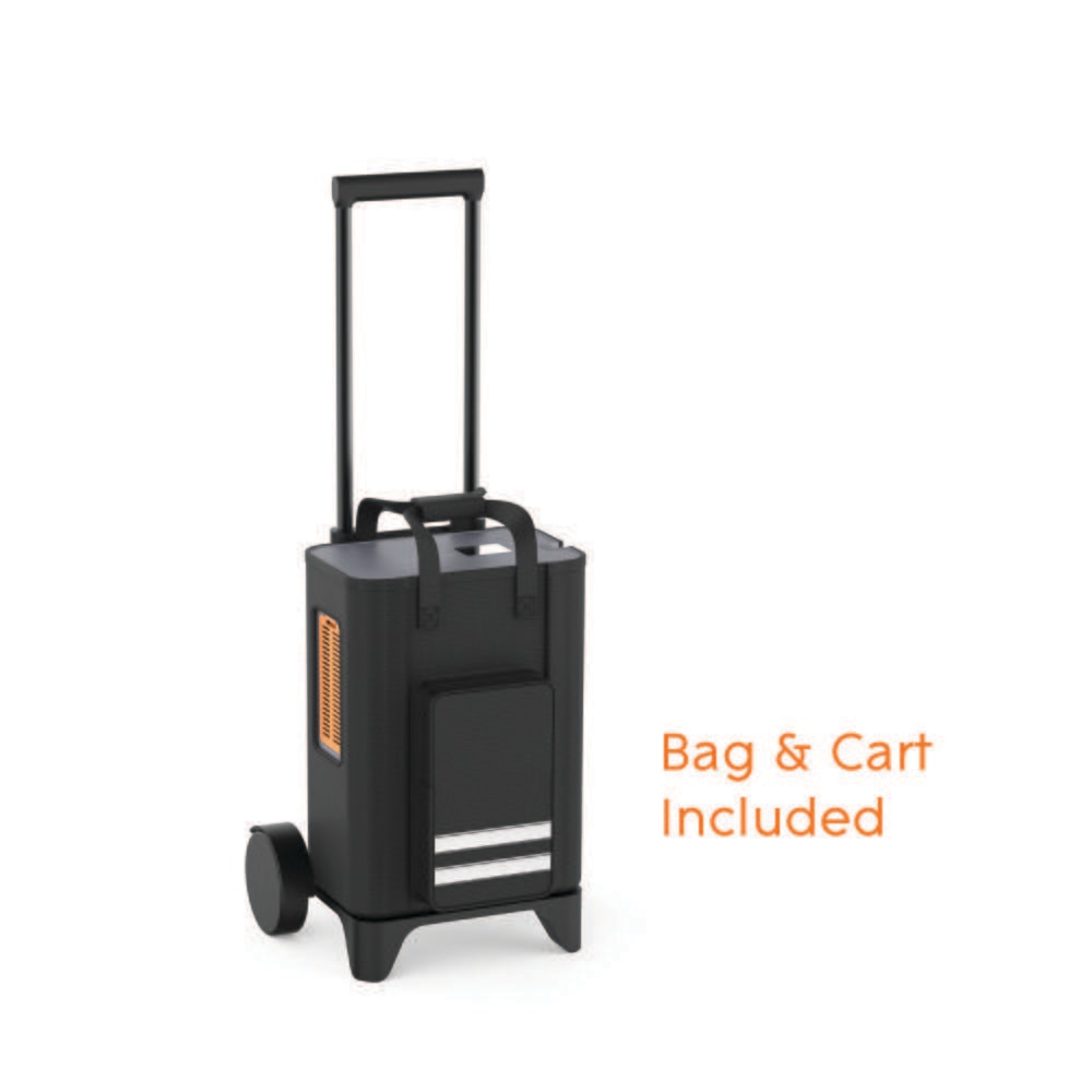 Black bag with wheels on a white background, labeled 'Bag & Cart Included'.