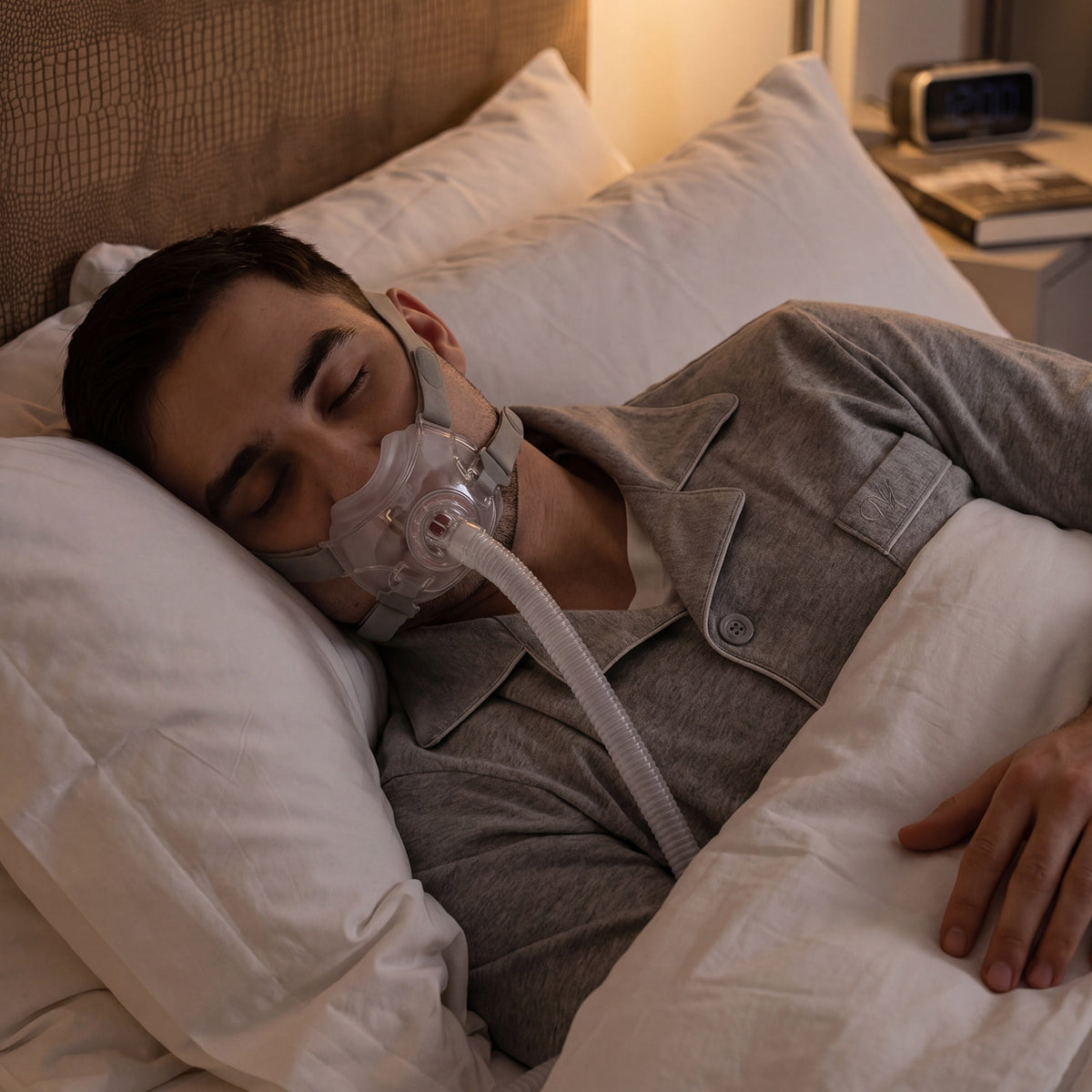 man sleeping wearing rio ii full face cpap mask