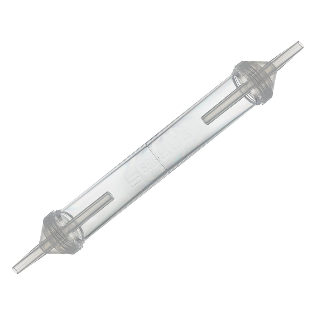 A Salter Inline Water Trap for Standard Oxygen Tubing, featuring a clear body with threaded endcaps.