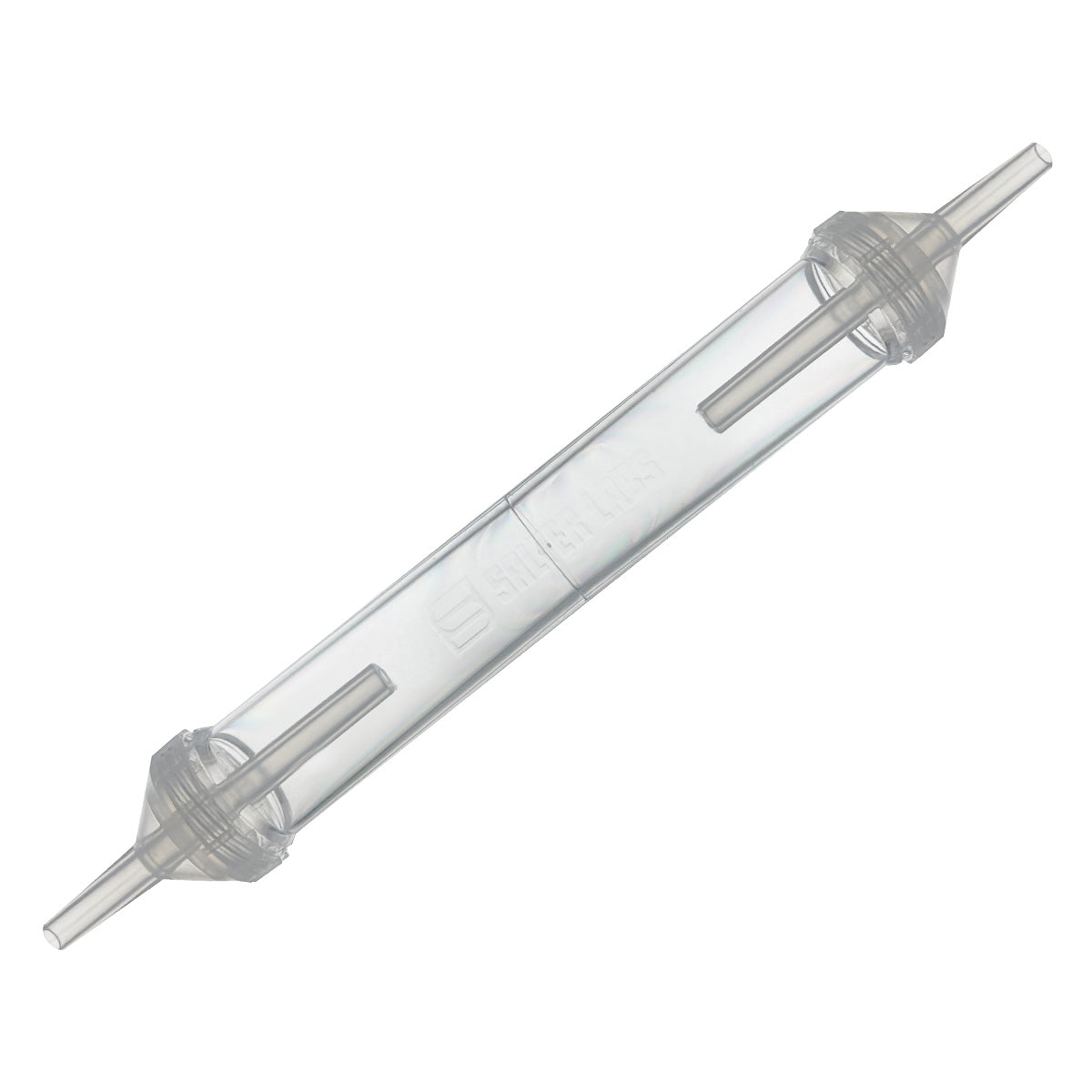 A Salter Inline Water Trap for Standard Oxygen Tubing, featuring a clear body with threaded endcaps.