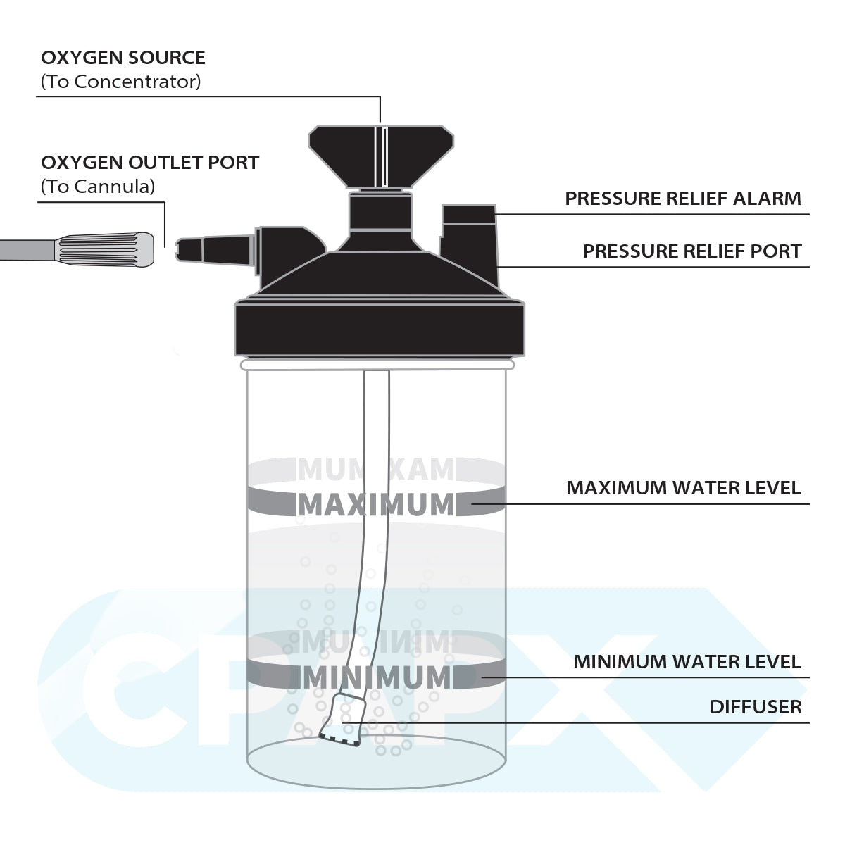 Salter 7600 Bubble Humidifier Bottle for Various Oxygen Concentrators (Black Lid with 6 PSI Safety Valve)