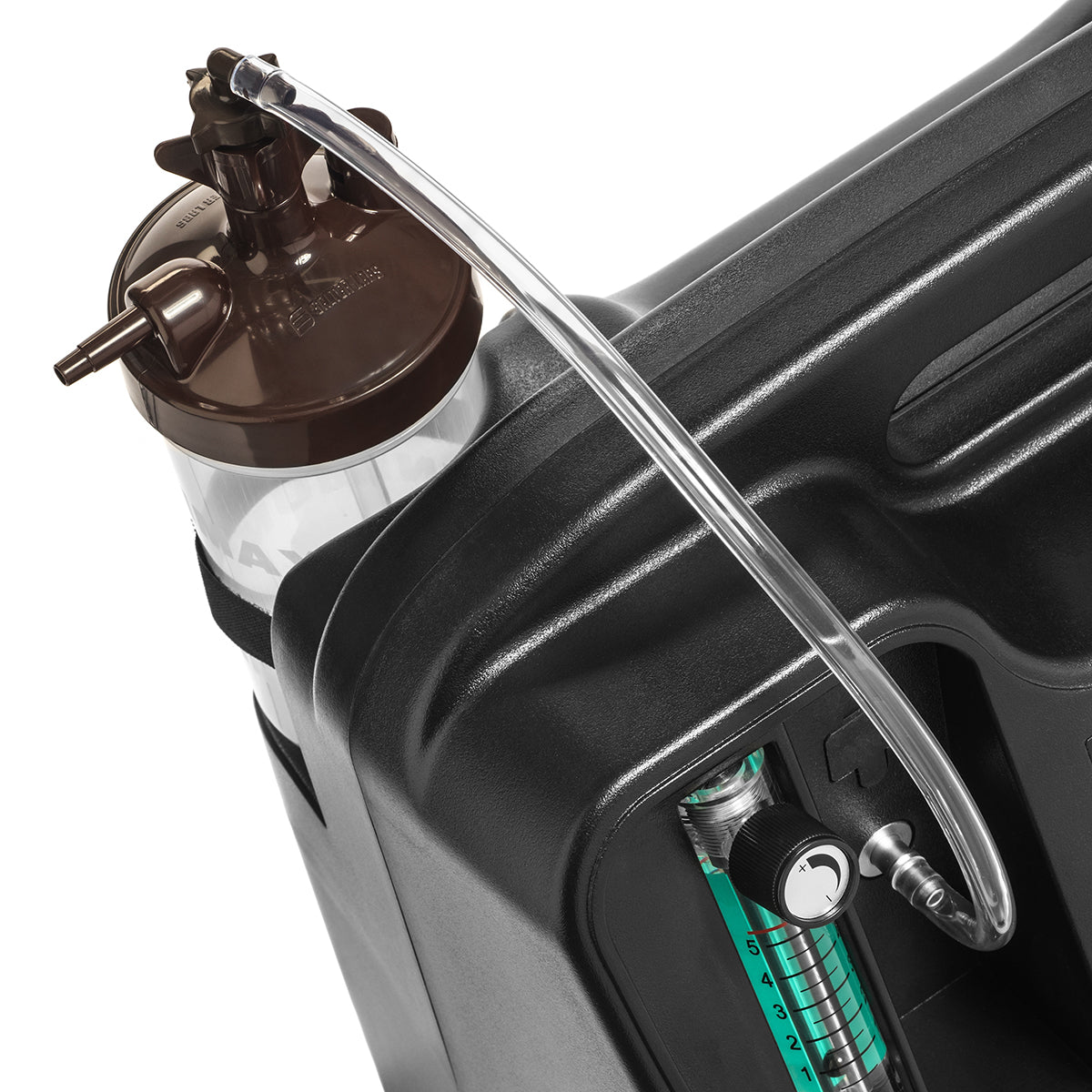 Stratus Oxygen Concentrator shown with Salter Bubble Humidifier Bottle