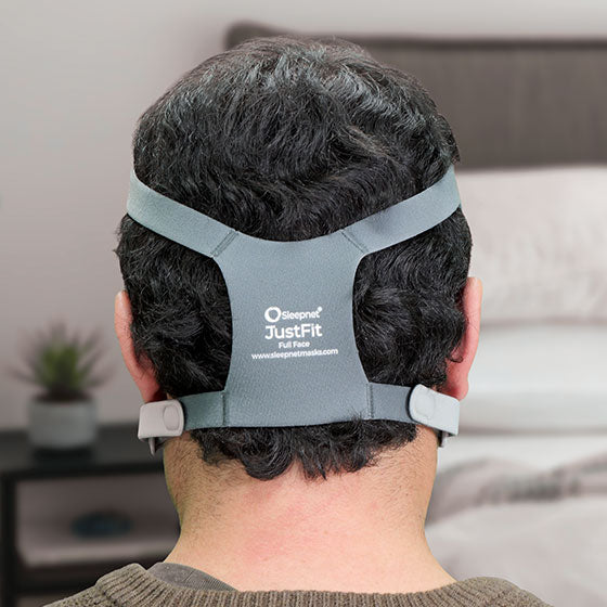Rear View of a person wearing a Sleepnet JustFit full face mask in a bedroom setting