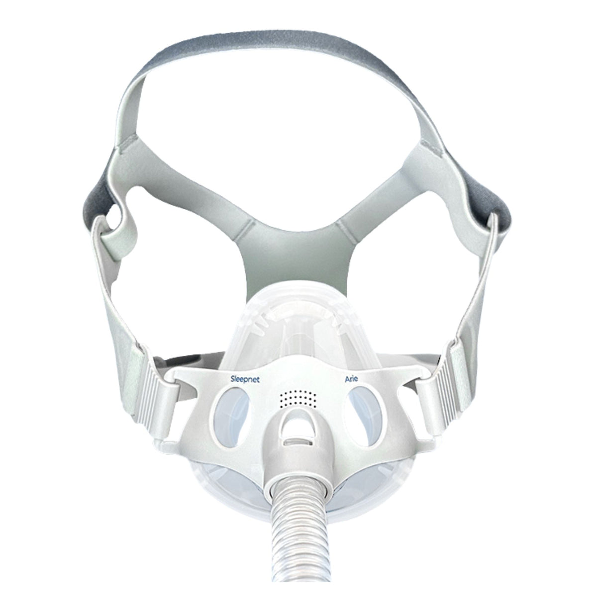 White CPAP mask with gray headgear on a white background