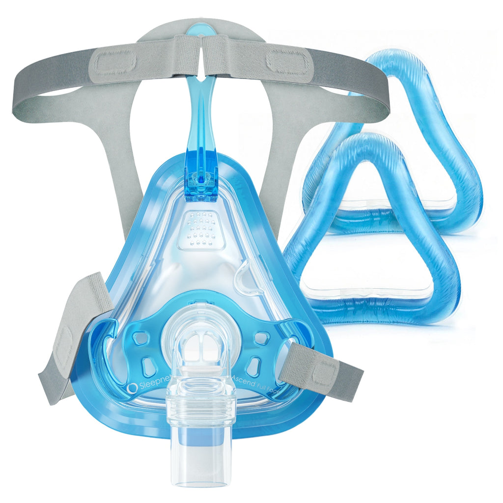 Blue and clear CPAP mask with headgear on a white background