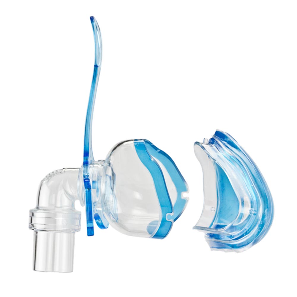 Clear and blue CPAP mask on a white background
