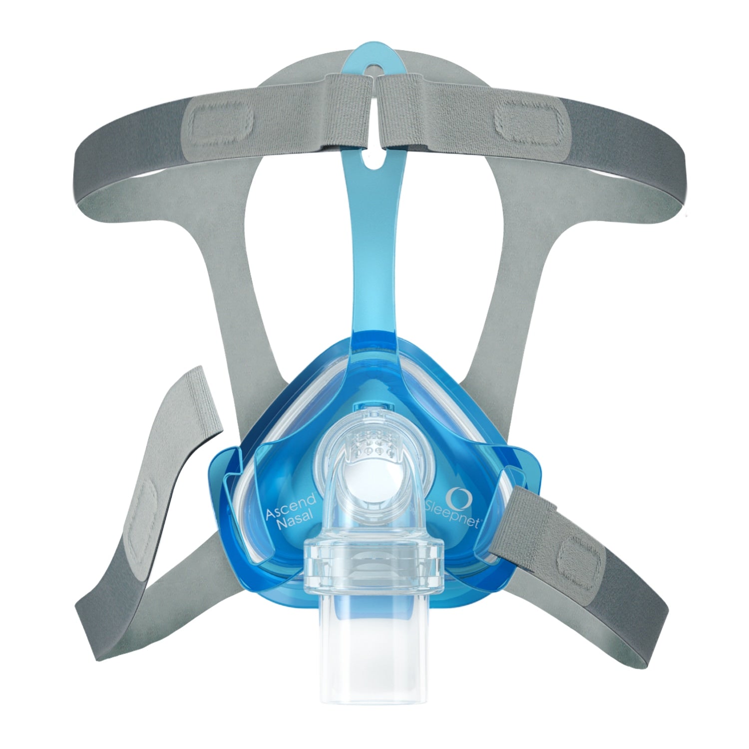 Blue and clear Ascend Nasal CPAP mask on a white background
