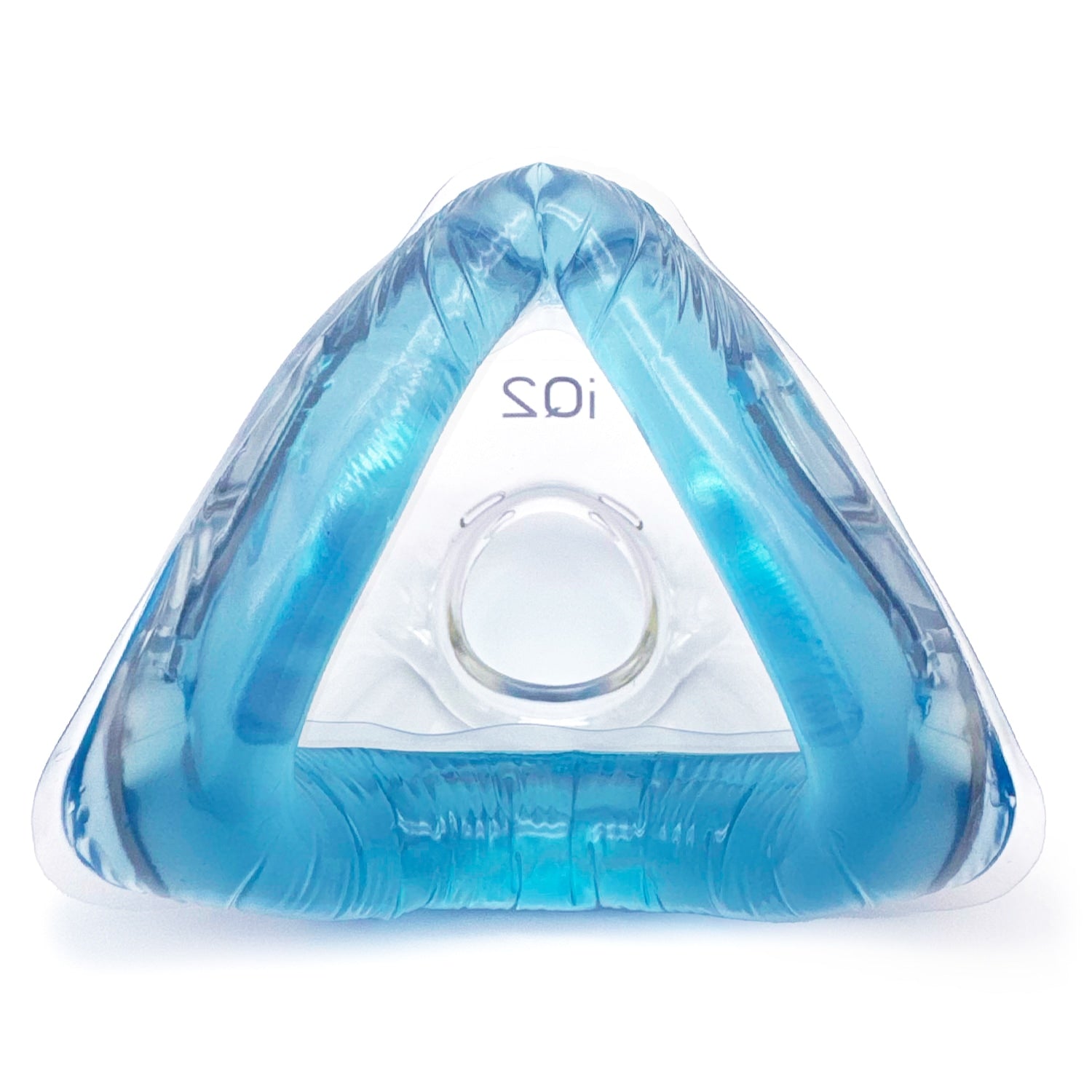 Triangular blue and clear CPAP Cushion on a white background