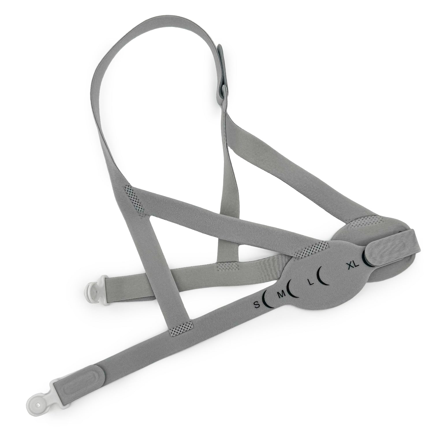 Gray adjustable headgear strap for sleepnet iq2 and phantom 2 with size markings on a white background