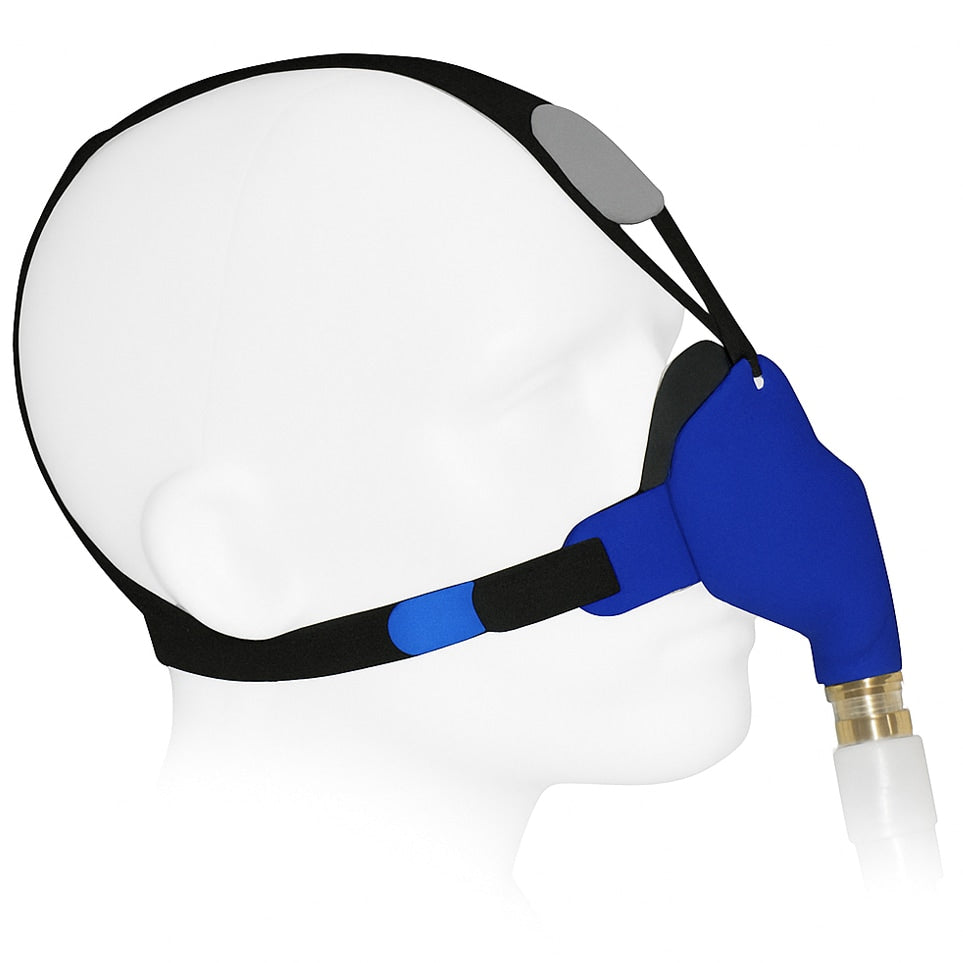 Headgear with blue strap on a mannequin head against a white background
